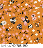 Seamless pattern with cute bugs, beetles, moth and insects, with floral elements, hearts and dots. Colorful hand drawn vector illustration. Стоковая иллюстрация, агентство Ingram Publishing / Фотобанк Лори
