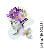 Abstract art collage of a young beautiful woman with flowers on her head. Conceptual fashion art design in a modern style. Стоковое фото, агентство Ingram Publishing / Фотобанк Лори