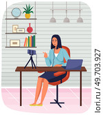 Phone on tripod. People broadcasting, stream on smartphone. Live streaming. Video blog recording, woman blogger using mobile and tripod stand. Illustration of making videos for social media publishing. Phone on tripod. People broadcasting, video blog recording, stream on smartphone. Live streaming. Стоковая иллюстрация, агентство Ingram Publishing / Фотобанк Лори