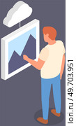 Man browsing photo gallery, picture on mobile phone display. Smartphone screen with photo and video storage app icon. Virtual storage application for images. Posting photos to social network concept. Man browsing photo gallery, picture on mobile phone display, screen with photo and video storage. Стоковая иллюстрация, агентство Ingram Publishing / Фотобанк Лори