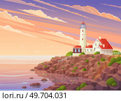 Seacoast with lighthouse and houses. Landscape of nature with sea or river and buildings. Lighthouse on bank, rocky shore. Beautiful scenic landscape, picturesque scenery with view of beacon. Lighthouse on bank, rocky shore. Beautiful scenic landscape, picturesque scenery with view of beacon. Стоковая иллюстрация, агентство Ingram Publishing / Фотобанк Лори