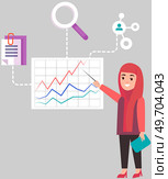 Businesswoman standing near graph, chart, graphics, diagram, web data, growing schedule, statistical indicators. Woman analyses results of social survey. Female employee conducts analysis of report. Employee conducts analysis of report, statistics, data. Woman analyses results of social survey. Стоковая иллюстрация, агентство Ingram Publishing / Фотобанк Лори