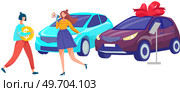 Advertising agent girl attracts customers to car showroom center with autos market, exhibition inside. Automobile dealership store shop. New modern vehicles models demonstration, sale and trading. Advertising agent girl attracts customers to car showroom center with autos exhibition inside. Стоковая иллюстрация, агентство Ingram Publishing / Фотобанк Лори