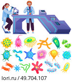 Scientists in laboratory conduct experiment, analyze life system and organisms with microscope. Microbiology, biology, science, biological research concept. Biologist researches studies bacteria. Scientists in laboratory conduct experiment, analyze life system and organisms with microscope. Стоковая иллюстрация, агентство Ingram Publishing / Фотобанк Лори