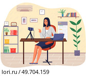 Podcaster woman character in office room interior. Girl listening audio podcast and speaking at live streaming use smartphone and laptop on her vlog. Podcaster making, blogger, technology concept. Podcaster woman character in office room interior. Girl listening audio podcast. Стоковая иллюстрация, агентство Ingram Publishing / Фотобанк Лори