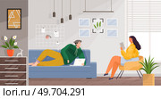 Family works from home. Freelance, learning or studying at home. Freelancers or students working online in laptop, in cosy room with books, plants. Self-employed people work in convenient conditions. Family works from home. Man is lying on sofa with laptop. Woman is sitting in chair with paper sheet. Стоковая иллюстрация, агентство Ingram Publishing / Фотобанк Лори