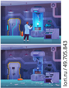 Scientist in lab conducts experiment. Study of technology with equipment before and after failed test, make research on professional apparatus. Modern laboratory physical tests with electricity. Scientist in lab conduct experiment. Study of technology with equipment before and after failed test. Стоковая иллюстрация, агентство Ingram Publishing / Фотобанк Лори