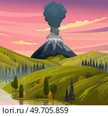 Strong jet of effluent hot lava, white clouds over top. Erupting rock pinnacle volcano disaster with burning fire. Volcanic eruption mountain with magma. Volcano with lava vector illustration. Volcano disaster with burning fire. Volcanic eruption mountain with magma, strong jet of hot lava. Стоковая иллюстрация, агентство Ingram Publishing / Фотобанк Лори