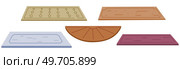 Door mat icons set cartoon vector. Office floor. Space rug. House threshold. Element of home decor, front view. Carpet with different form and colour. decorative element at entrance or in corridor. Door mat icons set cartoon vector. Office floor. House threshold. Element of home decor, front view. Стоковая иллюстрация, агентство Ingram Publishing / Фотобанк Лори