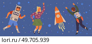 Set of happy people in different costumes for space party. Characters dressed as astronauts, explorers. Outfit for holiday in cosmic style. Men and women in creative self made suits for costume party. Set of happy people in different costumes for space party. Characters in creative self made outfits. Стоковая иллюстрация, агентство Ingram Publishing / Фотобанк Лори