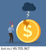 Bankruptcy concept with tiny person and broken dollar sign, company insolvency. Sinking business process in financial crisis. Economical loan payback problem and investment failure and budget collapse. Bankruptcy, person and broken dollar sign, company insolvency, financial crisis, budget collapse. Стоковая иллюстрация, агентство Ingram Publishing / Фотобанк Лори