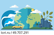 Tsunami with big waves over planet. Rising water levels on Earth lead to tsunami. Huge wave heading towards globe. Catastrophe, cataclysm. Flood, avalanche, hurricane. Climate change. Global warming. Tsunami with big waves over planet. Catastrophe, cataclysm. Flood, avalanche, hurricane. Climate change. Global warming. Стоковая иллюстрация, агентство Ingram Publishing / Фотобанк Лори
