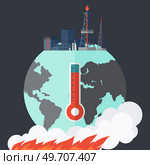 Oil derrick. Pump jack stands on top of planet earth. Petroleum-producing, oil refinery equipment pollutes soil, surface and underground waters, destroys vegetation and wildlife, raises temperature. Oil derrick. Pump jack stands on top of planet earth. Petroleum-producing, oil refinery equipment. Стоковая иллюстрация, агентство Ingram Publishing / Фотобанк Лори