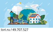 Renewable electric solar power plant station. Modern alternative eco green energy. Destroyed and broken solar panels after a hurricane and a natural disaster. Home after the tornado. Change climate. Destroyed and broken solar panels after a hurricane and a natural disaster. Home after the tornado. Change climate. Стоковая иллюстрация, агентство Ingram Publishing / Фотобанк Лори
