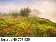Landscape with sunrise over river. Morning beautiful clouds on sky. Water reflection scene. Rural dirt road on riverbank. Calm foggy weather. Green filed and meadow. Europe, Belarus. Стоковое фото, агентство Ingram Publishing / Фотобанк Лори