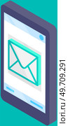 Email notification on smartphone screen. App for chatting and mailing icon. Program for online communication via Internet. Virtual mailbox with digital letter on display. Phone application with mail. Email notification on smartphone screen. App for chatting and mailing icon, letter, message. Стоковая иллюстрация, агентство Ingram Publishing / Фотобанк Лори