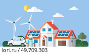 Sun power photovoltaic PV home system and renewable electric energy technology off the grid OTG inverter charge controller, solar panels. Electric car charging on renewable smart power off-grid system. Electric car charging on renewable smart power off-grid system. Стоковая иллюстрация, агентство Ingram Publishing / Фотобанк Лори