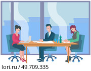 Colleagues communicate and discuss startup during meeting in office. Businesspeople discussing business idea sitting at negotiating table together. Planning startup, concept of concluding new project. Colleagues communicate and discuss startup during meeting in office, concluding new project. Стоковая иллюстрация, агентство Ingram Publishing / Фотобанк Лори