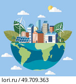 Solar panel on home roof sun system. Solar panels and wind turbines or alternative sources of energy. Eco friendly, sustainable, renewable and alternative energy. Smart grid virtual battery energy. Solar panel on home roof sun system. Solar panels and wind turbines or alternative sources of energy. Стоковая иллюстрация, агентство Ingram Publishing / Фотобанк Лори