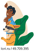 Young man and his dog spy, observing, sneaking outdoors. Guy peeping look from behind wall. Suspicious person pet owner detective peek, look out, search, eavesdrops on someone elses conversation. Young man and his dog spy, observing, sneaking. Guy peeping look from behind wall, eavesdroping. Стоковая иллюстрация, агентство Ingram Publishing / Фотобанк Лори