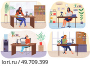 Podcaster woman character in office room interior. Girl listening audio podcast and speaking at live streaming use smartphone and laptop on her vlog. Podcaster making, blogger, technology concept. Podcaster woman character in office room interior. Girl listening audio podcast. Стоковая иллюстрация, агентство Ingram Publishing / Фотобанк Лори
