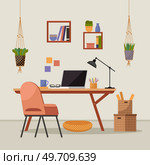Home office. Interior vector illustration. Work from home. Office space reflects professionalism and dedicated work ethic Flat interior design emphasizes comfort and functionality in home office. Home office. Work from home. The interior design of the flat promotes a sense of calm and focus Office area provides. Стоковая иллюстрация, агентство Ingram Publishing / Фотобанк Лори