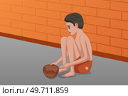 A vector illustration of Homeless Panhandler Kid on the Street. Стоковая иллюстрация, агентство Ingram Publishing / Фотобанк Лори