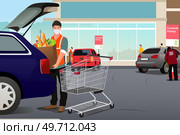 A vector illustration of Grocery Worker Putting Groceries Inside a Car at Curbside Pickup. Стоковая иллюстрация, агентство Ingram Publishing / Фотобанк Лори