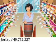 A vector illustration of Grocery Shopping Woman Faced With Too Many Choices . Стоковая иллюстрация, агентство Ingram Publishing / Фотобанк Лори