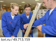 Male and female apprentices watching carpenter. Стоковое фото, агентство Ingram Publishing / Фотобанк Лори