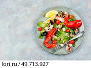 Delicious fresh salad with oysters, mussels, lobster and vegetables. Space for text. Seafood salad on a plate, copy space. Стоковое фото, агентство Ingram Publishing / Фотобанк Лори