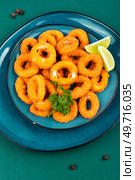 Baked breaded calamari or octopus rings. Flat lay.. Deep fried squid rings. Стоковое фото, агентство Ingram Publishing / Фотобанк Лори