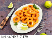 Baked breaded calamari or octopus rings on brown concrete table.. Rings of squid. Стоковое фото, агентство Ingram Publishing / Фотобанк Лори