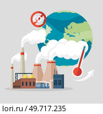Prohibiting emissions carbon dioxide CO2 red sign crossed out inside circle on planet background with globe and smoking chimneys of factory. Prohibition symbol icon, stop pollution vector Illustration. Prohibiting emissions carbon dioxide CO2 red sign crossed out inside circle on planet background. Стоковая иллюстрация, агентство Ingram Publishing / Фотобанк Лори