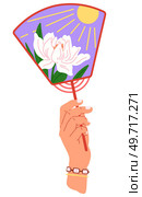 Chenese and Japanese hand fan. Vector illustration. A Chinese fan, illustrated scroll of history A handheld fan, steadfast companion in duel with heat A hand fan, gentle whisper of relief in afternoon. Chenese and Japanese hand fan. A hand fan, lullaby for warm afternoon air A Japanese fan, time capsule of craftsmanship. Стоковая иллюстрация, агентство Ingram Publishing / Фотобанк Лори