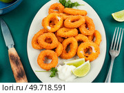 Baked breaded calamari rings served with lime. Fried squids or calamari. Стоковое фото, агентство Ingram Publishing / Фотобанк Лори