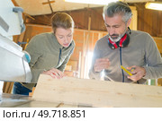 inspecting a wooden plank. Стоковое фото, агентство Ingram Publishing / Фотобанк Лори