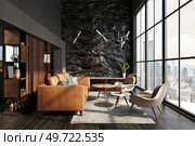 modern dark living interior with rock feature. 3d rendering. modern dark living interior with rock feature. Стоковое фото, агентство Ingram Publishing / Фотобанк Лори