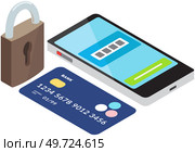 Mobile phone, credit card and padlock. Data protection, software access data as confidential. Denied access password protected, security internet information, safety network, confidential document. Mobile phone, credit card and padlock. Data protection, software access data as confidential. Стоковая иллюстрация, агентство Ingram Publishing / Фотобанк Лори
