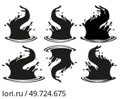 Water and juice splash liquide. Black sea ocean waves stencil. Drop shape, minimalist representation of liquid in motion Dripped droplet, microscopic glimpse into world fluids Spill shape, testament. Water and juice splash liquide. Fresh juice splashed, tangy explosion of color and taste A wave shape, timeless symbol. Стоковая иллюстрация, агентство Ingram Publishing / Фотобанк Лори