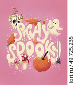 Happy Halloween illustration with hand lettering message and cute ghosts. Stay spooky! Стоковое фото, агентство Ingram Publishing / Фотобанк Лори
