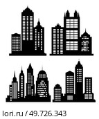 A set of silhouettes of city buildings, background cities flourishing, fully built, concentrated highrise the neat and dense hard and strong modern building. Стоковая иллюстрация, агентство Ingram Publishing / Фотобанк Лори