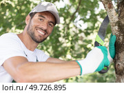 smiling farmer pruning branches of fruit tree. Стоковое фото, агентство Ingram Publishing / Фотобанк Лори
