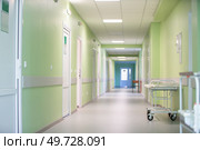 Hospital corridor with green walls and a medical gurney. Стоковое фото, фотограф Лазаренко Светлана / Фотобанк Лори