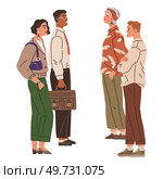Waiting line, people queuing. Vector illustration. Standing in line csometimes lead to interesting conversations The person wait at DMV is notoriously long People make conversation. Waiting line, people queuing. The queue men and women was winding around corner. Стоковая иллюстрация, агентство Ingram Publishing / Фотобанк Лори