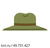 Style green hat icon. Flat illustration of classic headdress vector icon isolated on white background. Wide brim panama hat. Clothing and garment, womens wardrobe item, vintage fashion felt cap. Style green hat. Wide brim panama. Clothing and garment, womens wardrobe item, vintage fashion cap. Стоковая иллюстрация, агентство Ingram Publishing / Фотобанк Лори