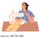 Young woman housewife working on sewing machine at home. Workplace of seamstress. Fashion designer, dressmaker. Needlework, hobbies, home leisure, housework. Girl sitting at desk with sewing machine. Woman housewife working on sewing machine at home. Workplace of seamstress, home leisure, housework. Стоковая иллюстрация, агентство Ingram Publishing / Фотобанк Лори