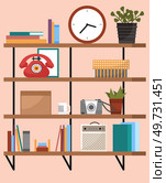 Rack or shelves, home furniture, office cabinet with folders, boxes and shelves for document storage organizing. Shelving with plants in pot, wall clock, pile of books and other decorative elements. Rack, home furniture, office cabinet with folders, boxes and shelves for document storage organizing. Стоковая иллюстрация, агентство Ingram Publishing / Фотобанк Лори