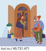 Woman enters house opening door and turning around to look out to say hello and talk to neighbor. Girl stands on porch of dwelling near entrance and says goodbye after walk. People in doorway entrance. Woman enters house opening door and turning around to look out to say hello and talk to neighbor. Стоковая иллюстрация, агентство Ingram Publishing / Фотобанк Лори