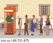 People queuing at red payphone city street. Diverse characters standing in queue side view. Vector illustration of multiracial group, girl, elder man and woman, student and businessman waiting in line. People queuing at payphone on city street. Diverse characters standing in queue, waiting in line. Стоковая иллюстрация, агентство Ingram Publishing / Фотобанк Лори
